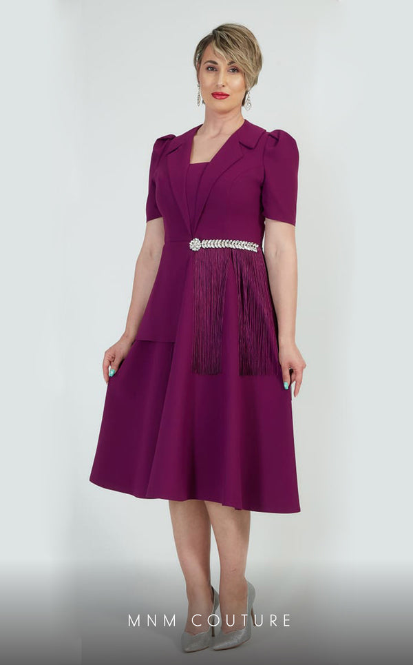GLAM by MNM Couture DZ8265B short sleeve V-neck midi dress with classic flair. | Couture Shop LA