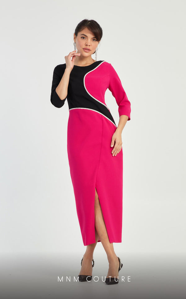GLAM by MNM Couture DZ8319 3/4 sleeve round neck midi dress with graceful elegance. | Couture Shop LA