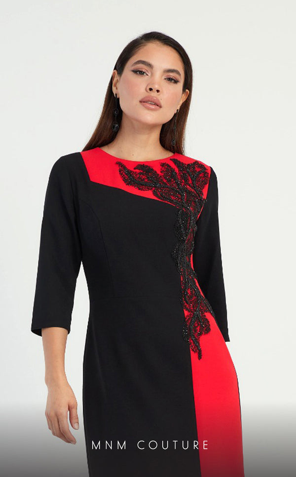 GLAM by MNM Couture DZ8320 3/4 sleeve round neck midi dress with luxe comfort. | Couture Shop LA