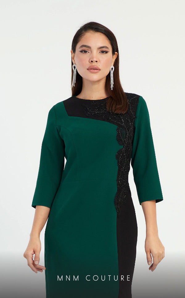 GLAM by MNM Couture DZ8320 3/4 sleeve round neck midi dress with luxe comfort. | Couture Shop LA