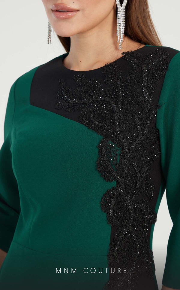 GLAM by MNM Couture DZ8320 3/4 sleeve round neck midi dress with luxe comfort. | Couture Shop LA