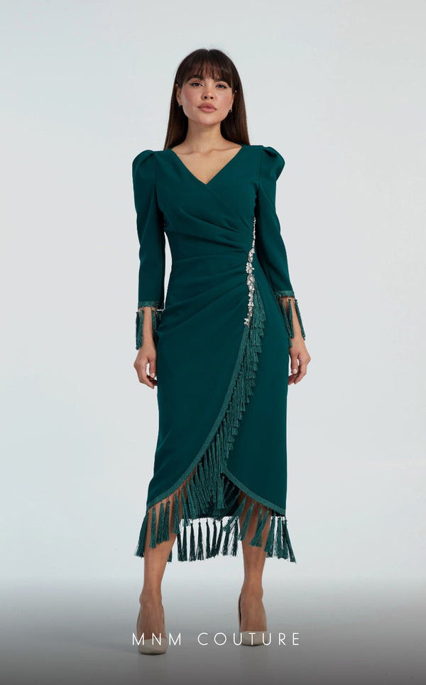 GLAM by MNM Couture DZ8322 long sleeve V-neck midi dress with effortless sophistication. | Couture Shop LA