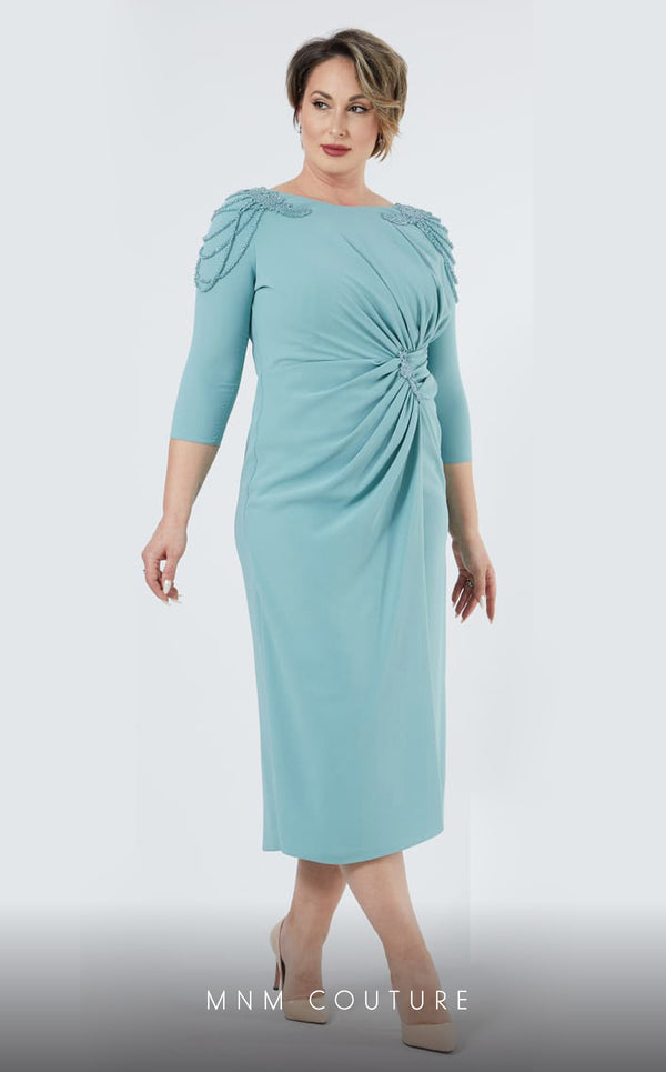 GLAM by MNM Couture DZ8419B 3/4 sleeve round neck midi dress with modern elegance. | Couture Shop LA