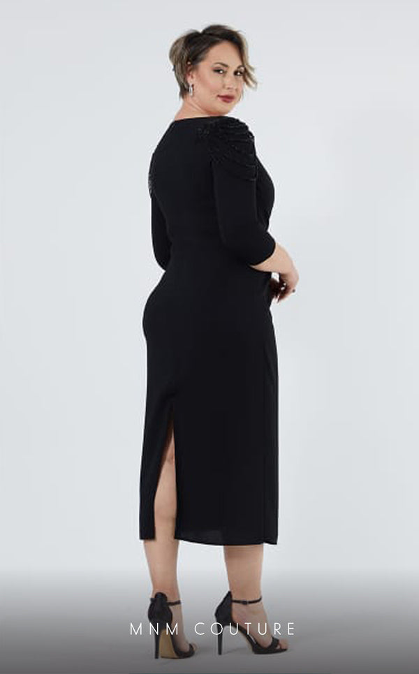 GLAM by MNM Couture DZ8419B 3/4 sleeve round neck midi dress with modern elegance. | Couture Shop LA