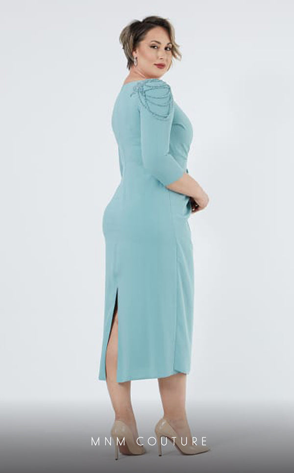 GLAM by MNM Couture DZ8419B 3/4 sleeve round neck midi dress with modern elegance. | Couture Shop LA