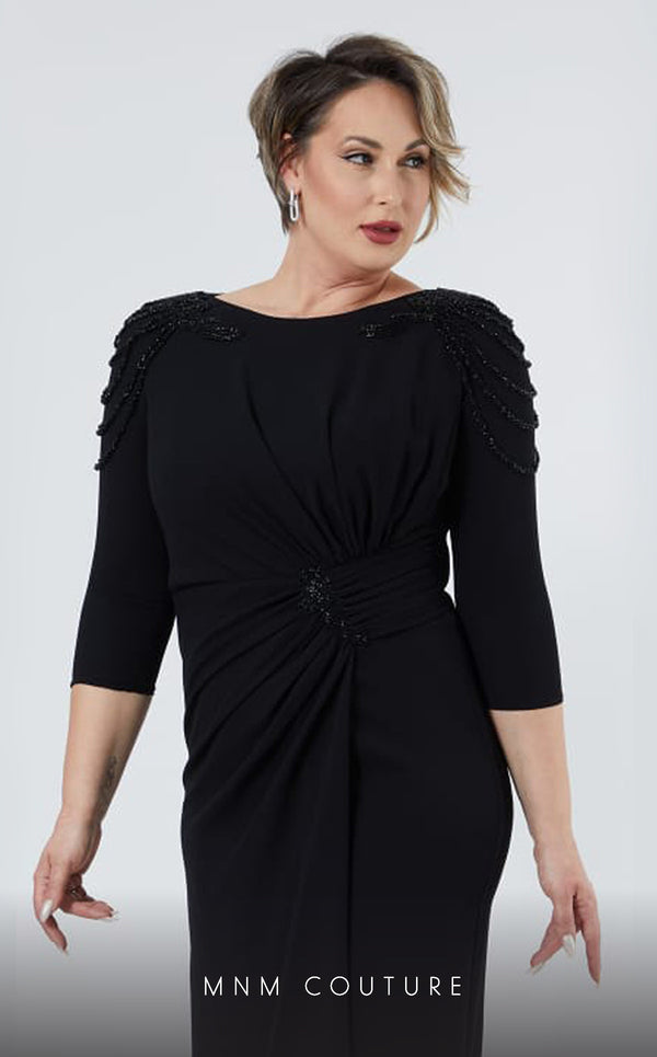 GLAM by MNM Couture DZ8419B 3/4 sleeve round neck midi dress with modern elegance. | Couture Shop LA