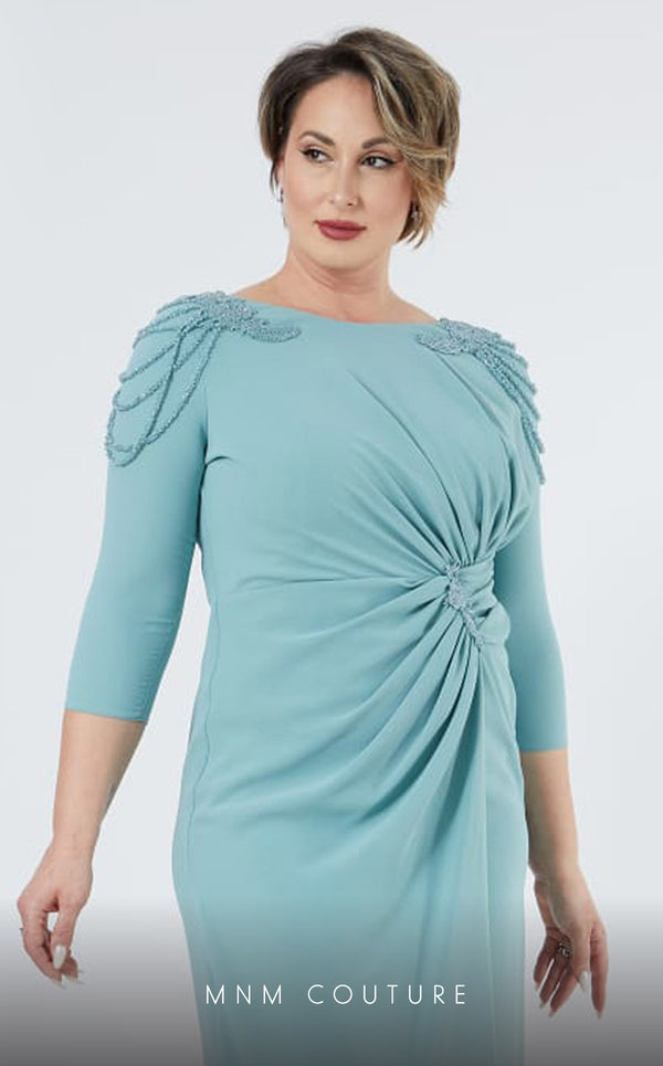 GLAM by MNM Couture DZ8419B 3/4 sleeve round neck midi dress with modern elegance. | Couture Shop LA