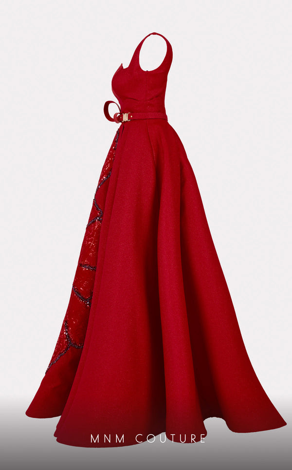 MNM Couture E0016: Bold embroidered jacquard gown with flared design. Luxury for upscale events & weddings | Couture Shop LA
