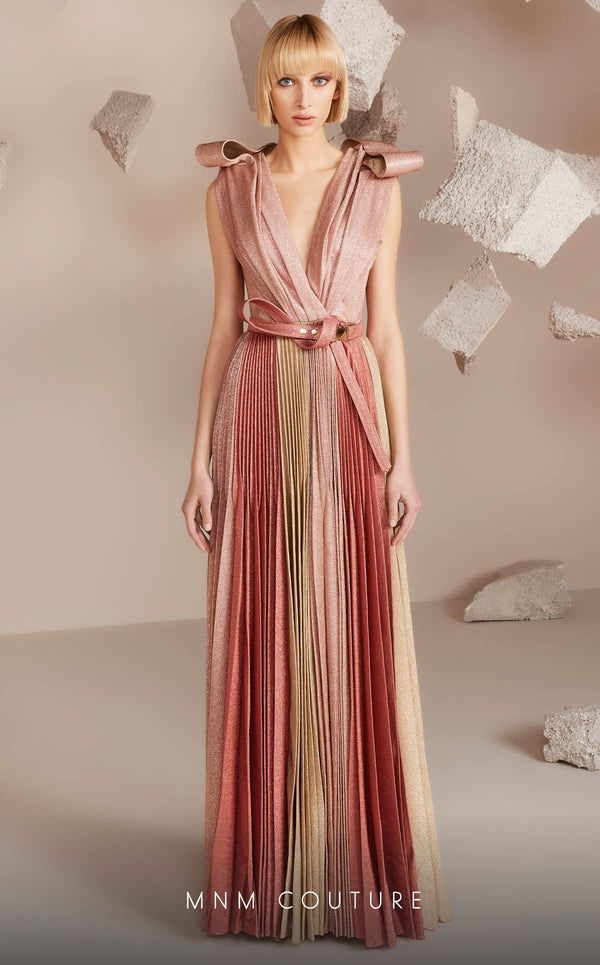 MNM Couture E0028: Symphony of style. Roman classic design, jaquard fabric, V-neck, draped bust, tie belt. | Couture Shop LA