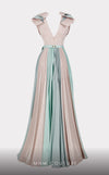 MNM Couture E0028: Symphony of style. Roman classic design, jaquard fabric, V-neck, draped bust, tie belt. | Couture Shop LA