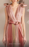MNM Couture E0028: Symphony of style. Roman classic design, jaquard fabric, V-neck, draped bust, tie belt. | Couture Shop LA