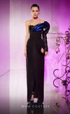 NM Couture E0042: Asymmetrical crepe gown, double-faced satin, draped skirt. Luxury, elegance, fashion-forward. | Couture Shop LA