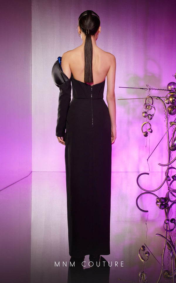 NM Couture E0042: Asymmetrical crepe gown, double-faced satin, draped skirt. Luxury, elegance, fashion-forward. | Couture Shop LA