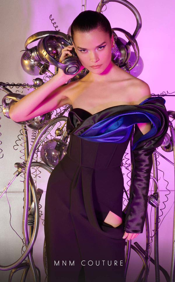 NM Couture E0042: Asymmetrical crepe gown, double-faced satin, draped skirt. Luxury, elegance, fashion-forward. | Couture Shop LA