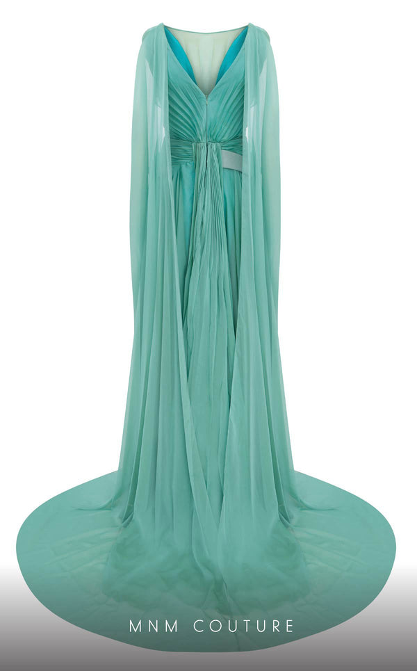 MNM Couture E0061 chiffon gown with V-neck, long-tailed sleeves and flared A-line cut. | Couture Shop LA