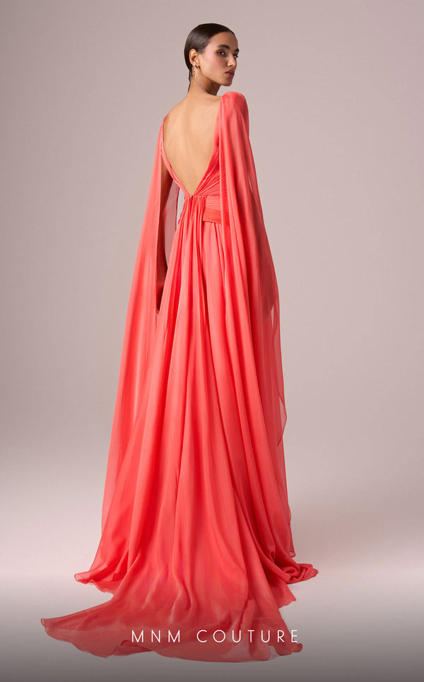 MNM Couture E0061 chiffon gown with V-neck, long-tailed sleeves and flared A-line cut. | Couture Shop LA