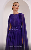 MNM Couture E0061 chiffon gown with V-neck, long-tailed sleeves and flared A-line cut. | Couture Shop LA