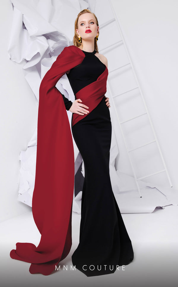 MNM Couture E0072 crepe gown with Grecian neck and draped waist. | Couture Shop LA