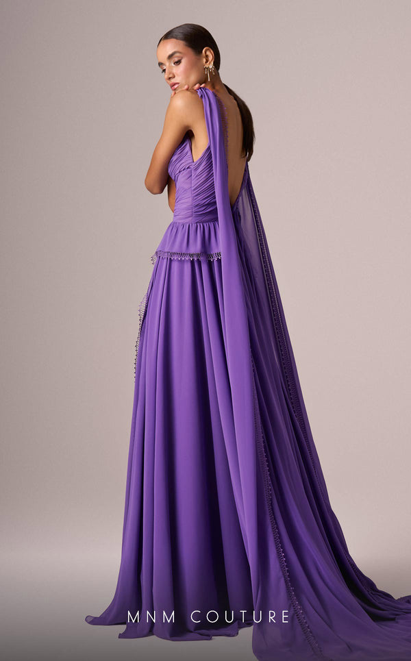 MNM Couture Style E0086 showcasing a flared silk gown with a V-neckline, sleeveless design, pleated bust, and long capes falling from the shoulders to create a train. | Couture Shop LA