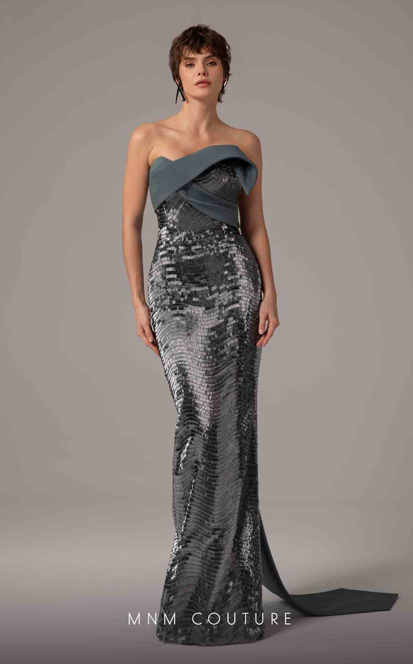 MNM Couture E0087 embroidered column gown with asymmetric neckline and long cape | Couture Shop LA