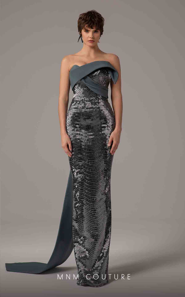 MNM Couture E0087 embroidered column gown with asymmetric neckline and long cape | Couture Shop LA