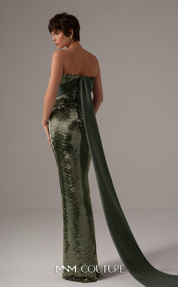 MNM Couture E0087 embroidered column gown with asymmetric neckline and long cape | Couture Shop LA