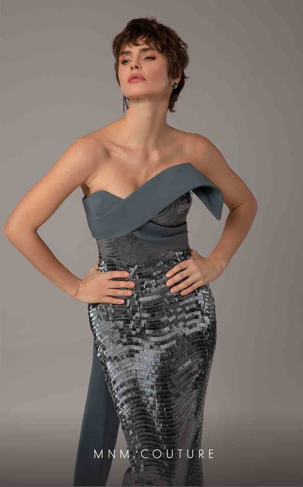 MNM Couture E0087 embroidered column gown with asymmetric neckline and long cape | Couture Shop LA