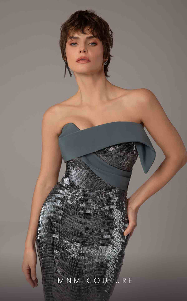 MNM Couture E0087 embroidered column gown with asymmetric neckline and long cape | Couture Shop LA