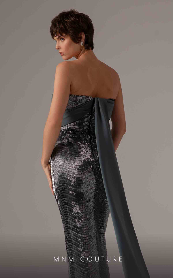 MNM Couture E0087 embroidered column gown with asymmetric neckline and long cape | Couture Shop LA