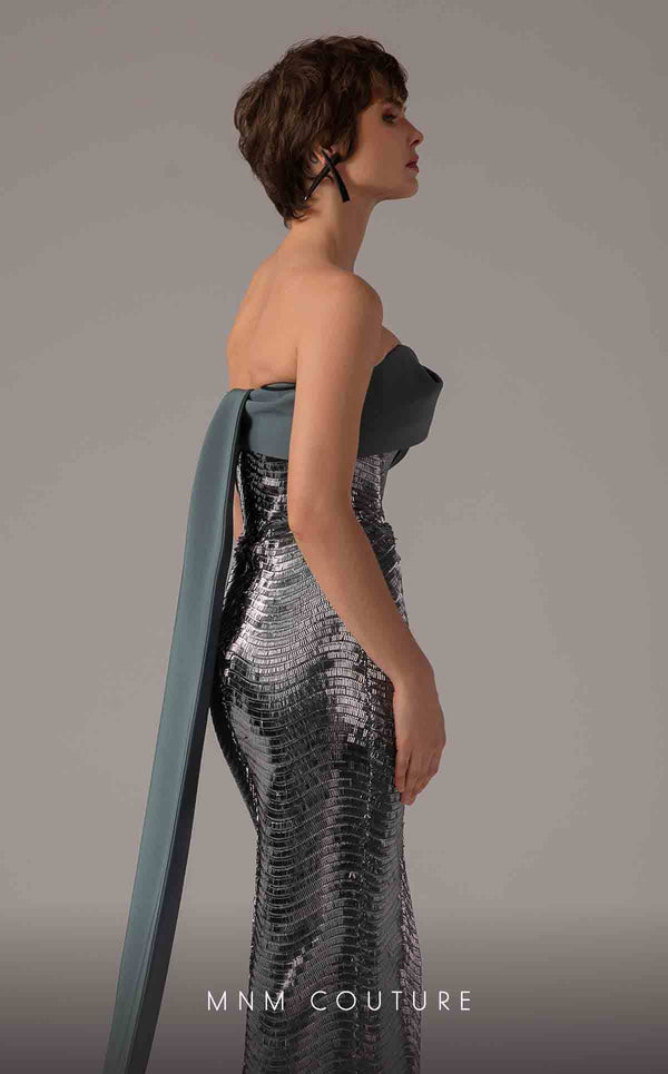 MNM Couture E0087 embroidered column gown with asymmetric neckline and long cape | Couture Shop LA