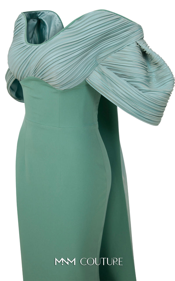 MNM Couture E0088 fitted rayon crepe gown with organza cape and scoop neckline | Couture Shop LA
