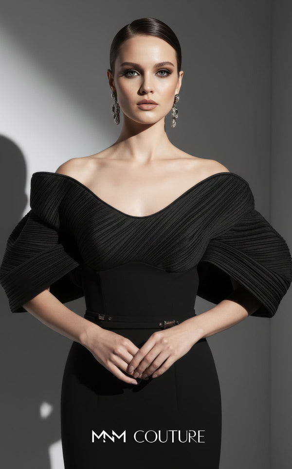 MNM Couture E0088 fitted rayon crepe gown with organza cape and scoop neckline | Couture Shop LA