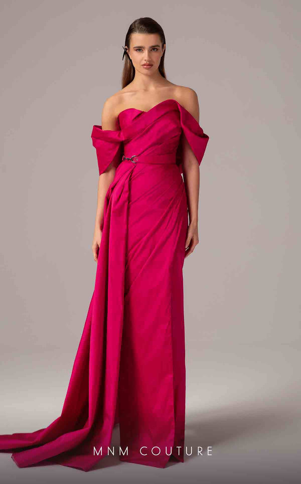MNM Couture E0090 pleated asymmetric column gown with side slit and long train | Couture Shop LA