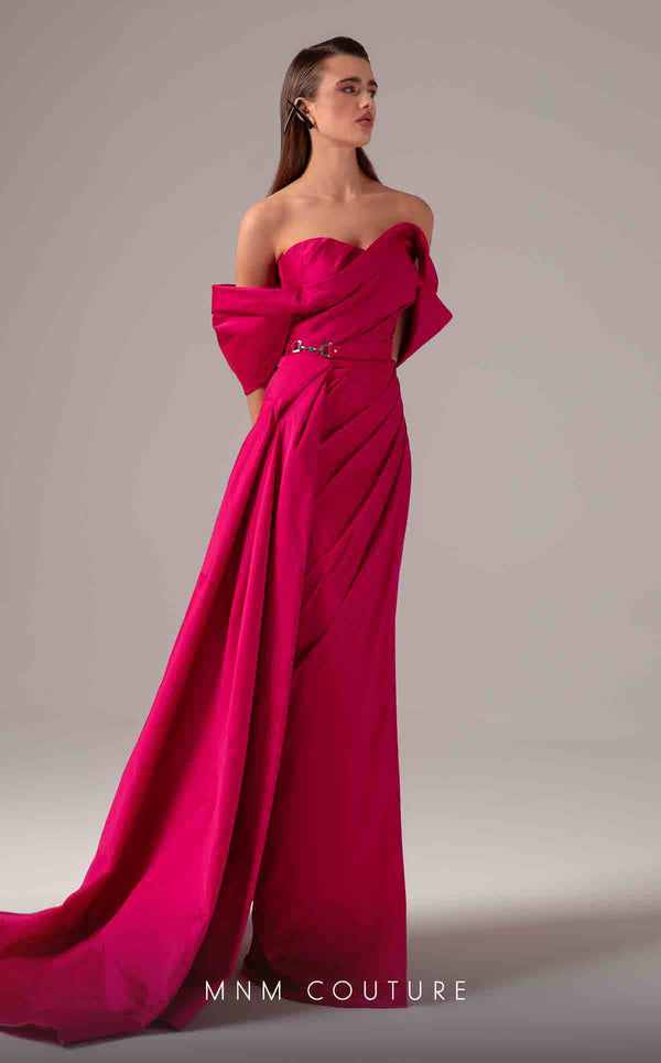 MNM Couture E0090 pleated asymmetric column gown with side slit and long train | Couture Shop LA