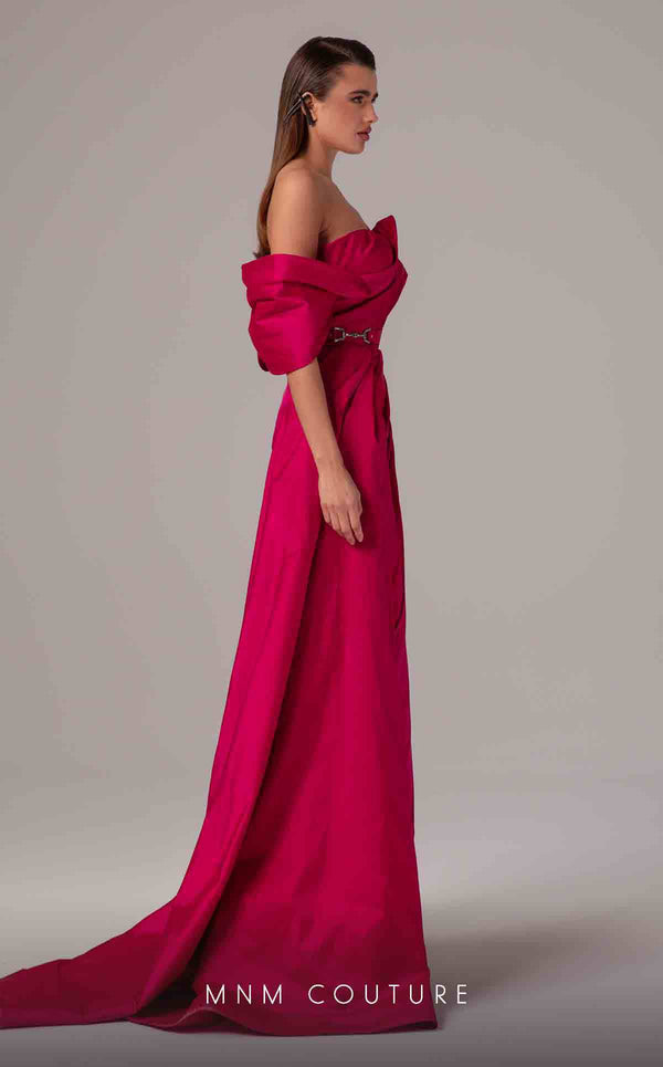 MNM Couture E0090 pleated asymmetric column gown with side slit and long train | Couture Shop LA