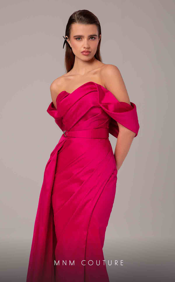 MNM Couture E0090 pleated asymmetric column gown with side slit and long train | Couture Shop LA