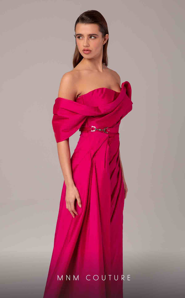 MNM Couture E0090 pleated asymmetric column gown with side slit and long train | Couture Shop LA