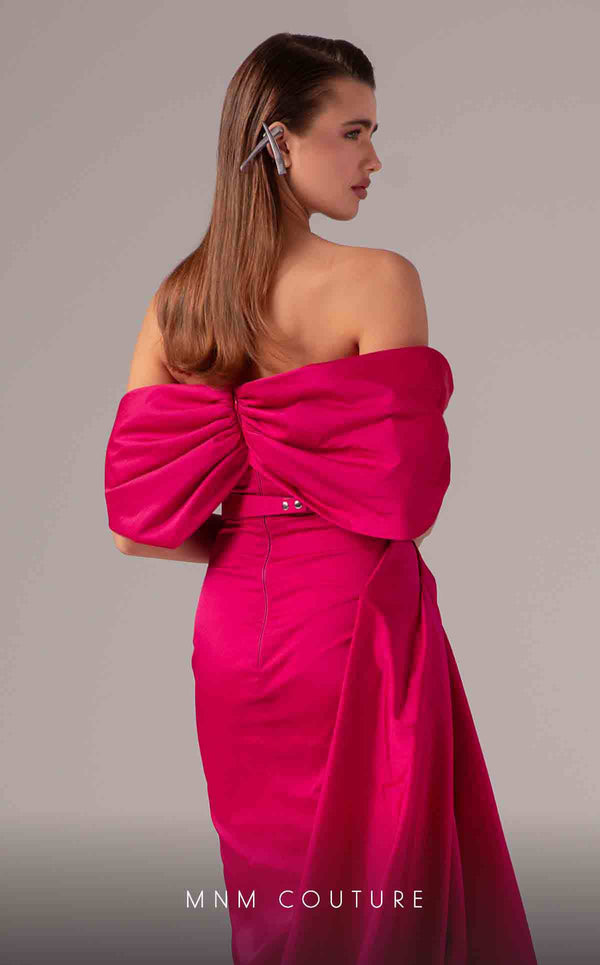 MNM Couture E0090 pleated asymmetric column gown with side slit and long train | Couture Shop LA