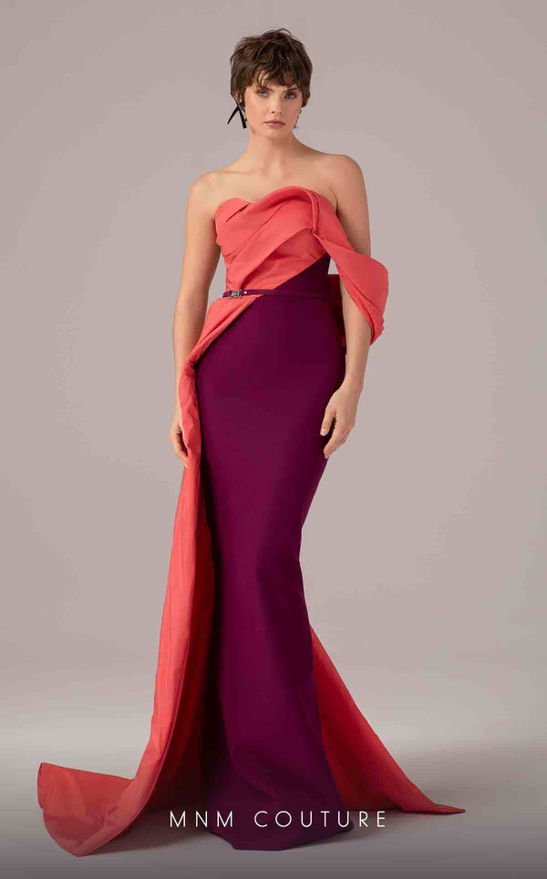 MNM Couture E0091 fitted Tefta column gown with pleated neckline and asymmetric train | Couture Shop LA
