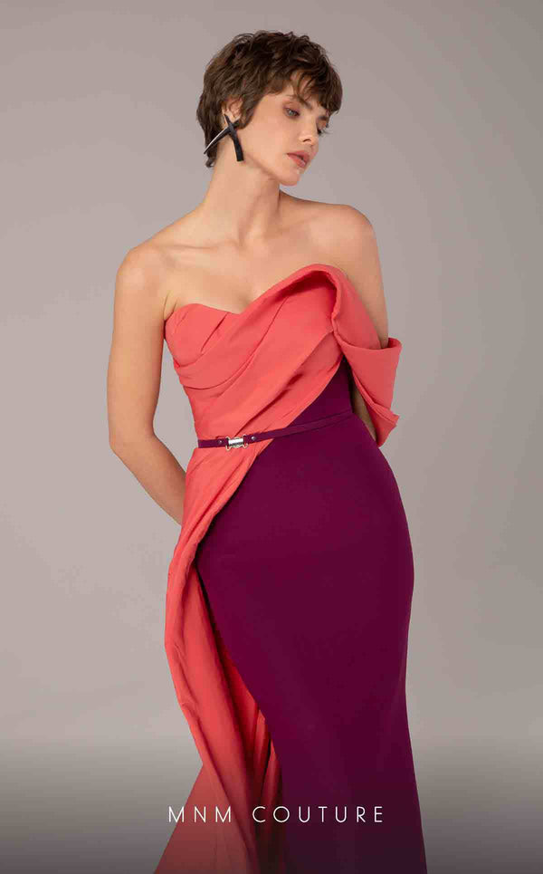 MNM Couture E0091 fitted Tefta column gown with pleated neckline and asymmetric train | Couture Shop LA