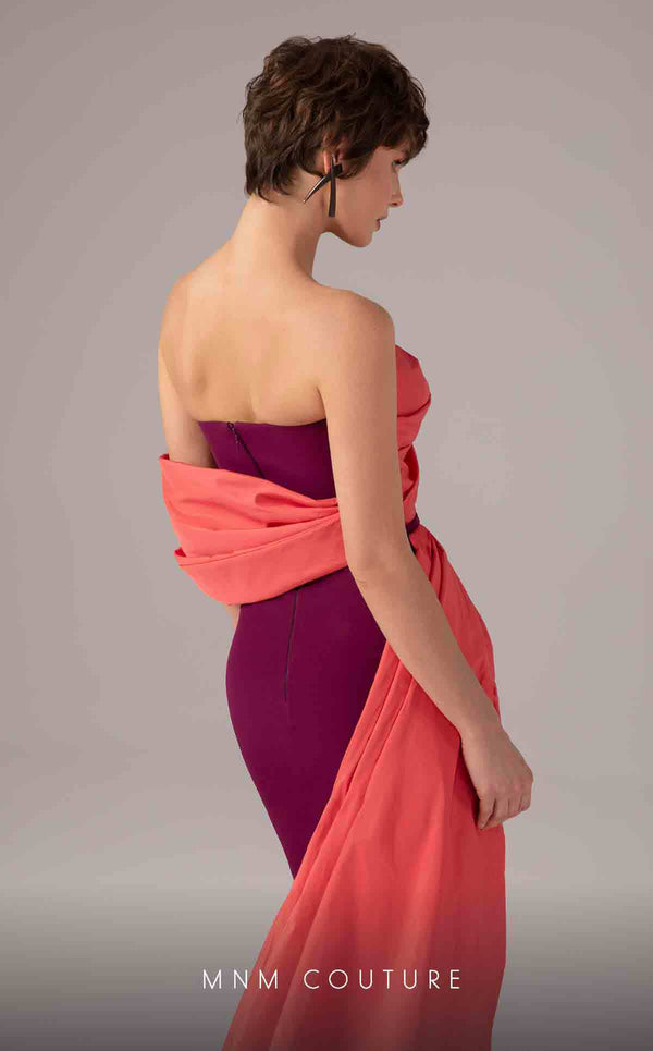 MNM Couture E0091 fitted Tefta column gown with pleated neckline and asymmetric train | Couture Shop LA