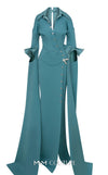 MNM Couture Style E0094 gown with cape sleeves, a collar neckline, and a striking side slit. / Couture Shop LA