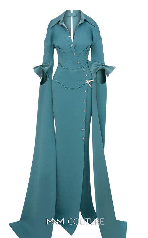 MNM Couture Style E0094 gown with cape sleeves, a collar neckline, and a striking side slit. / Couture Shop LA