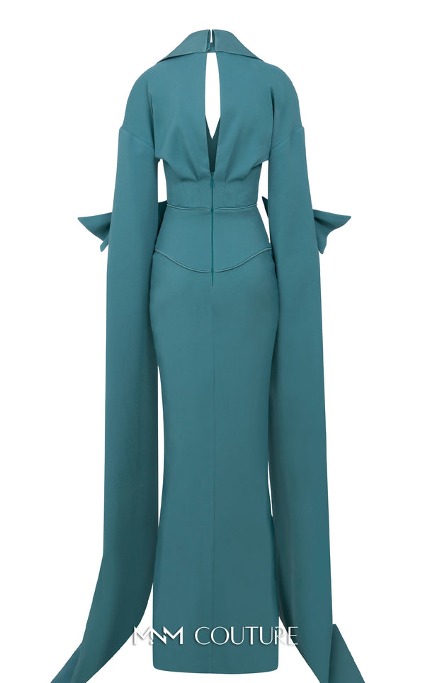 MNM Couture Style E0094 gown with cape sleeves, a collar neckline, and a striking side slit. / Couture Shop LA