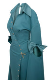 MNM Couture Style E0094 gown with cape sleeves, a collar neckline, and a striking side slit. / Couture Shop LA