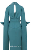 MNM Couture Style E0094 gown with cape sleeves, a collar neckline, and a striking side slit. / Couture Shop LA
