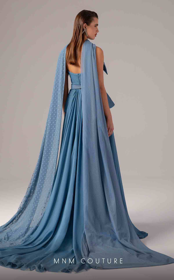 MNM Couture E0096 flared organza gown with pleated corset and long train | Couture Shop LA