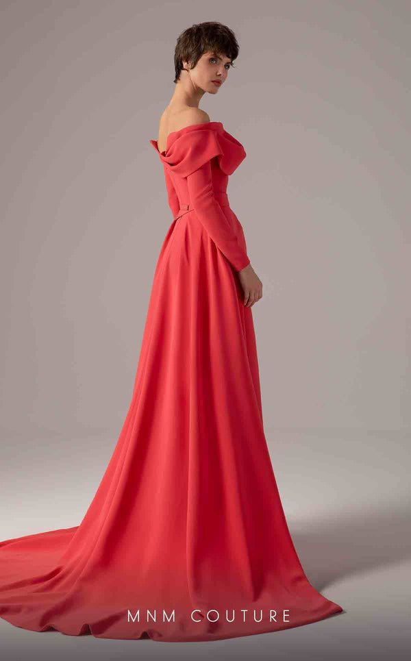 MNM Couture E0099 fitted rayon crepe gown with peplum waist and flowing train | Couture Shop LA