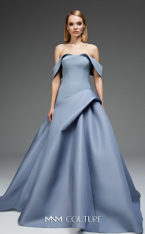 MNM Couture Style E0103 in ice blue, featuring an A-line silhouette with a pleated off-the-shoulder neckline, a fitted corset bodice, and a draped sash at the waist.| Couture Shop LA