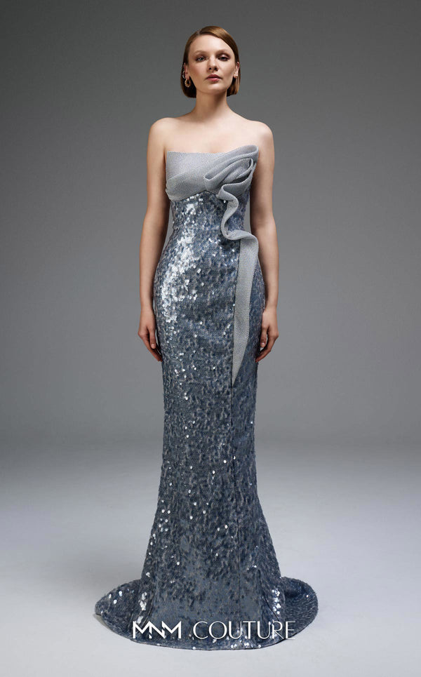 MNM Couture E0105 sequined mermaid gown with metallic crochet ruffle, strapless design, and a subtle train.|Couture Shop LA